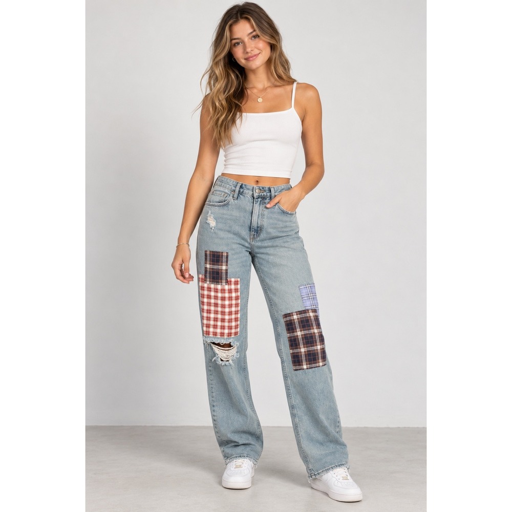 Hollister Ultra High-Rise Dad Jeans Plaid Patchwork Distressed Light Wash 1S W25